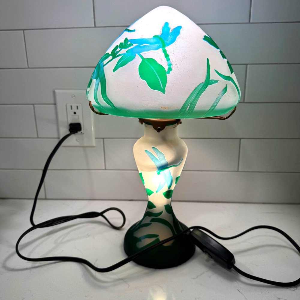Table Lamp Mushroom Frosted Glass Dragonfly Floral‎ Art Deco VTG Galle Style 16"